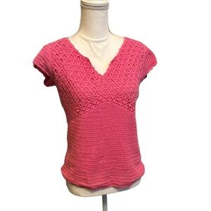 Lilly Pulitzer Vintage Pink Crochet Knit Top Cap Sleeves V-Neck Women's Size Med